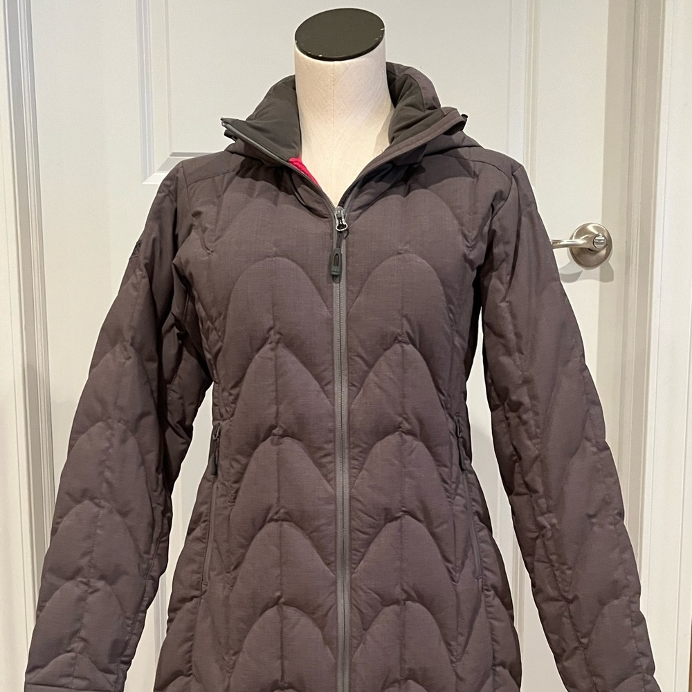Outdoor Research Women's Coze Down Parka in grey with pink interior. NWOT!